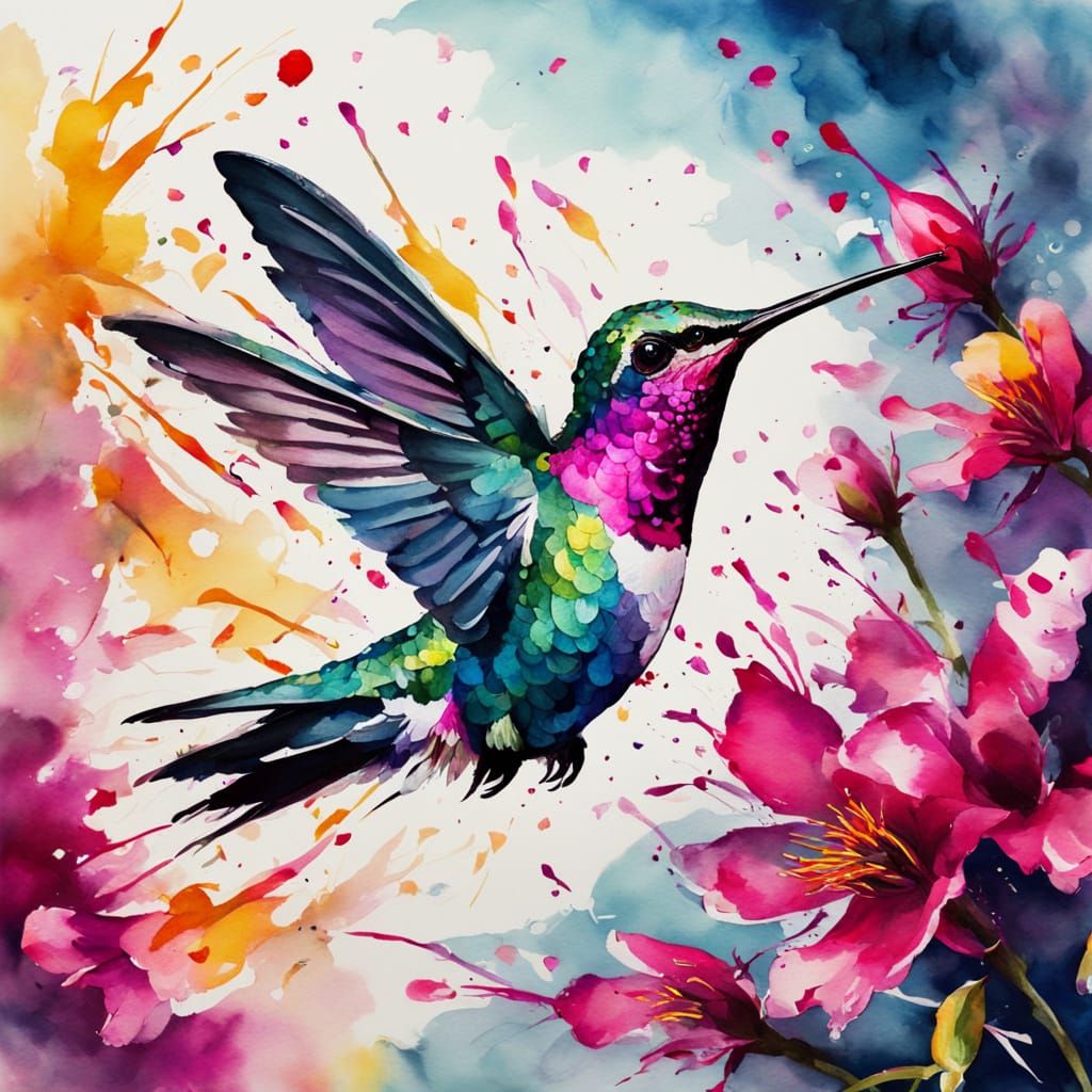 Hummingbird and Fuchsia Flowers in Ink Watercolour Style