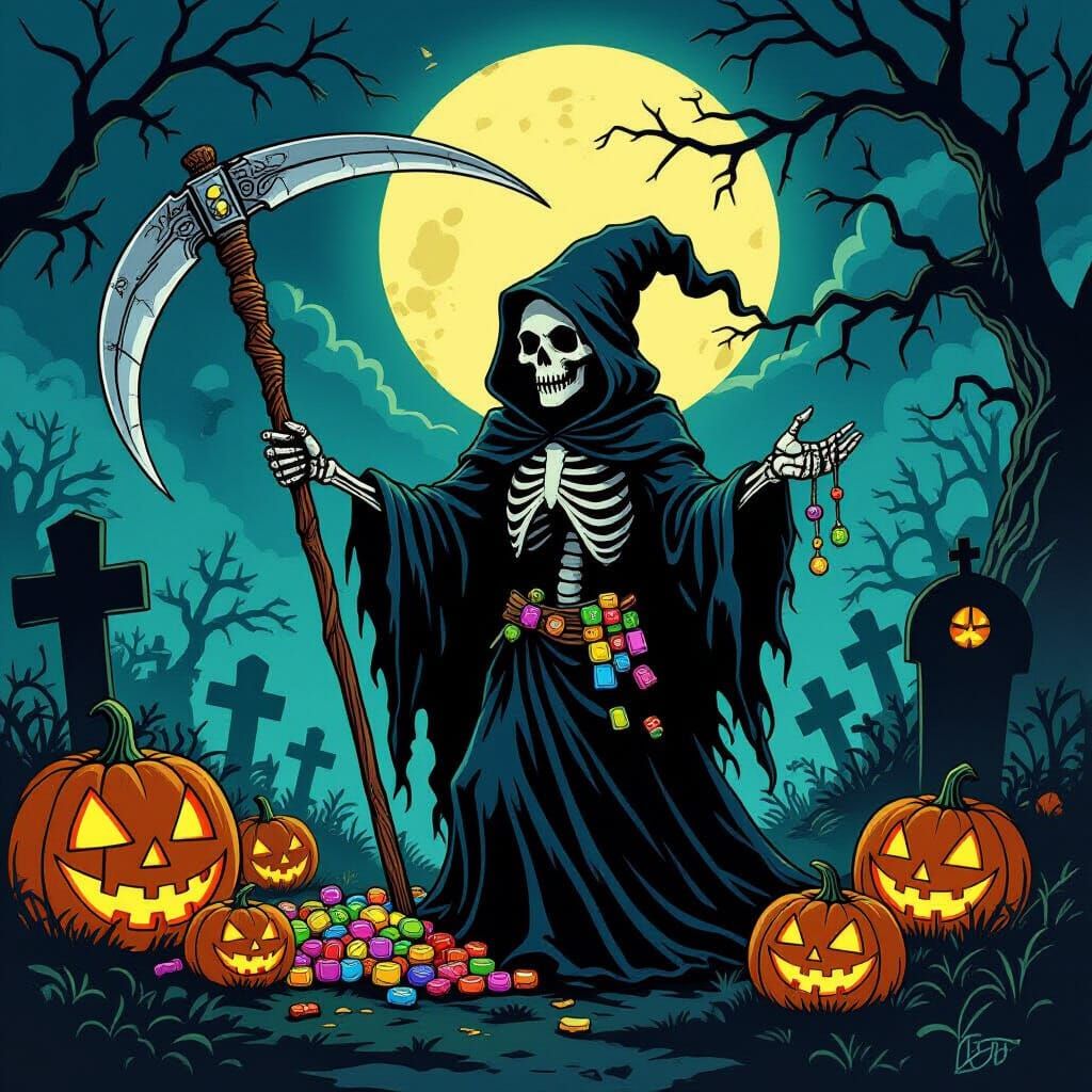 Grim Reaper Offers Candy in Spooky Graveyard