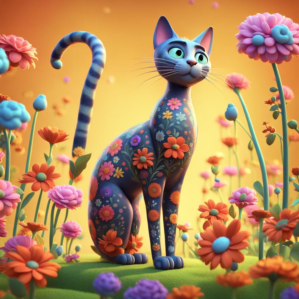 Long-Legged Floral Cat in Whimsical Folk Art