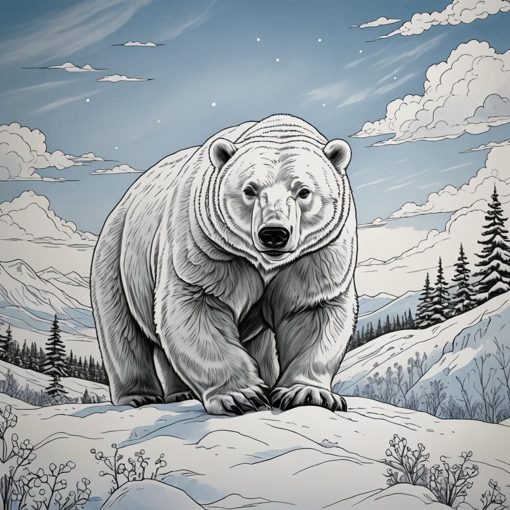 Majestic Polar Bear Coloring Page in Black and White