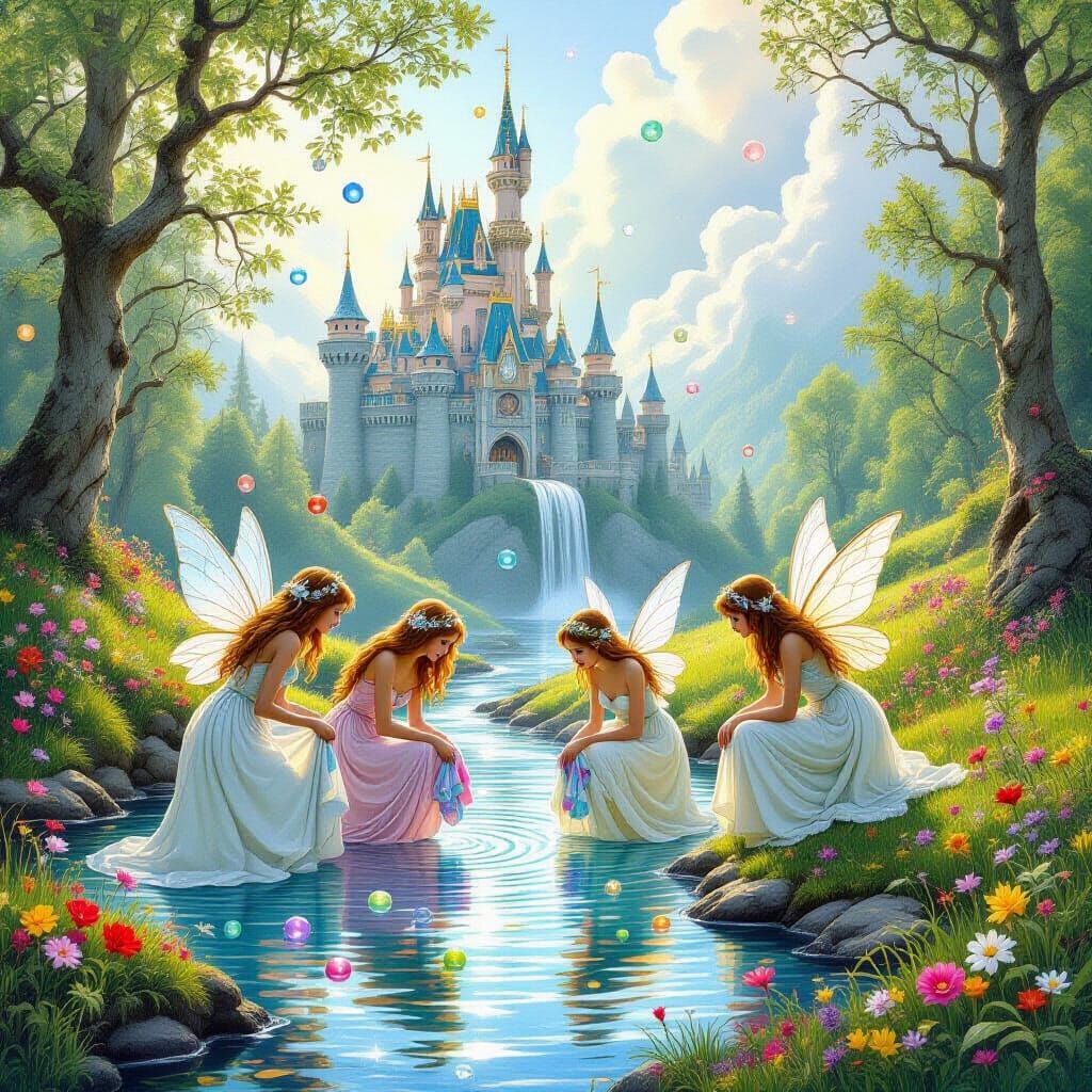 Fairies Washing Clothes in Whimsical Forest