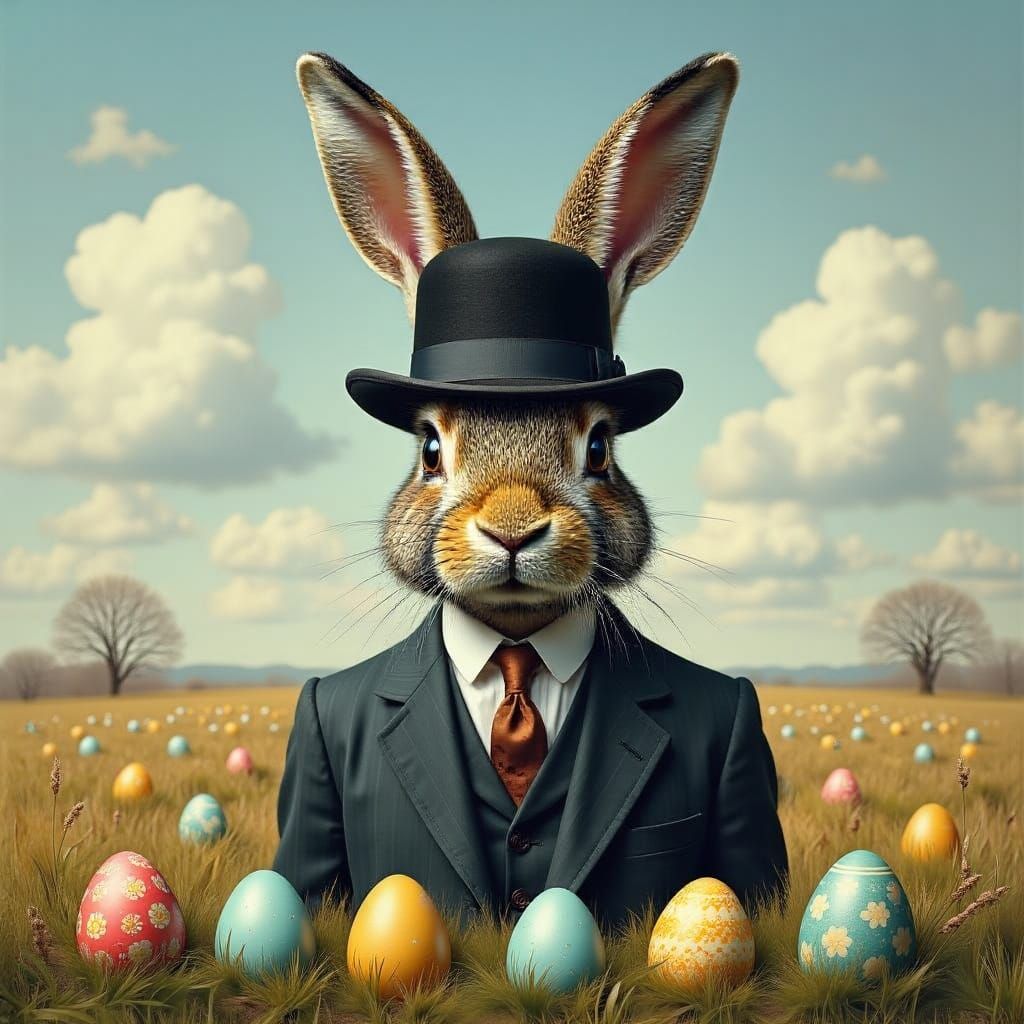 Whimsical Rabbit Businessman in a Field of Easter Eggs, in t...