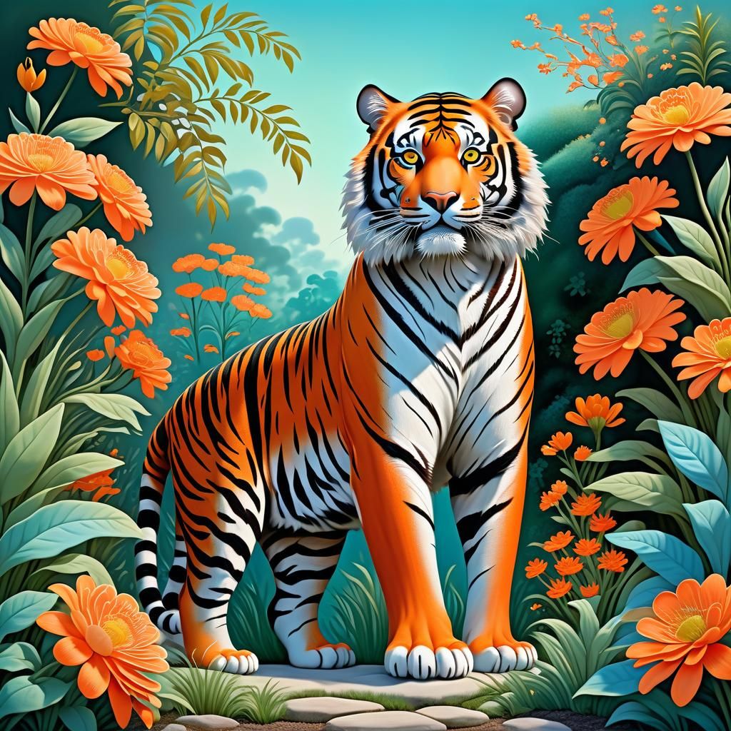 Tiger in Vibrant Garden with Flowery Jacket