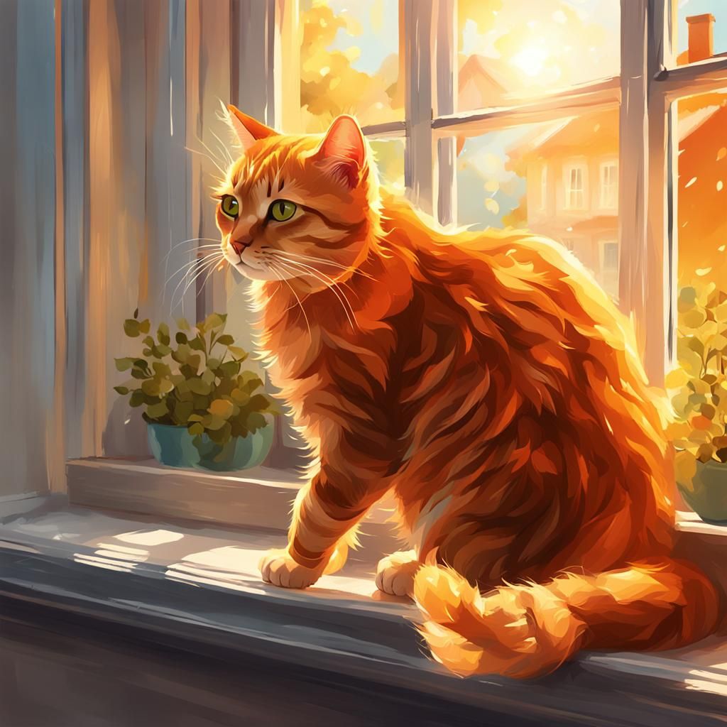Vibrant Orange Cat in Sunlit Windowsill