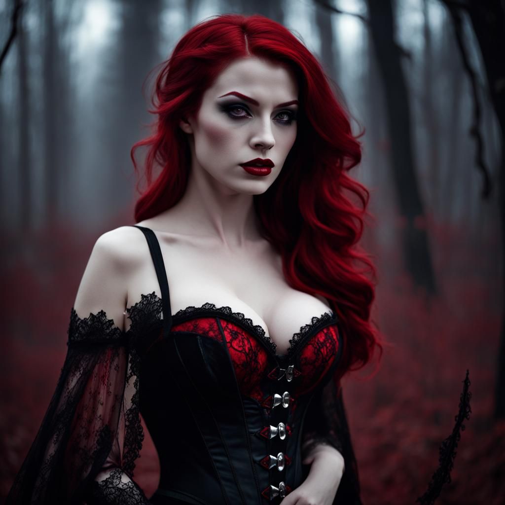 Redhead Vampire in Dark Forest: Photorealistic Portrait