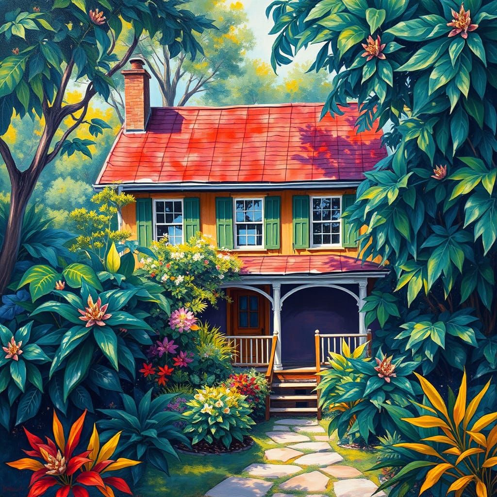 Vibrant Neo-Impressionist House in Lush Foliage