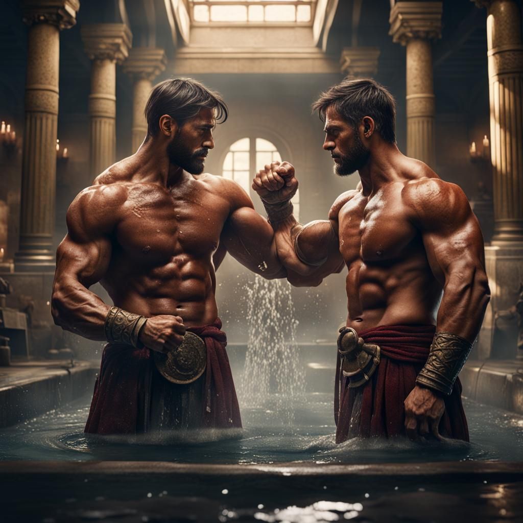 Muscled Romans Bathing: Detailed Matte Painting