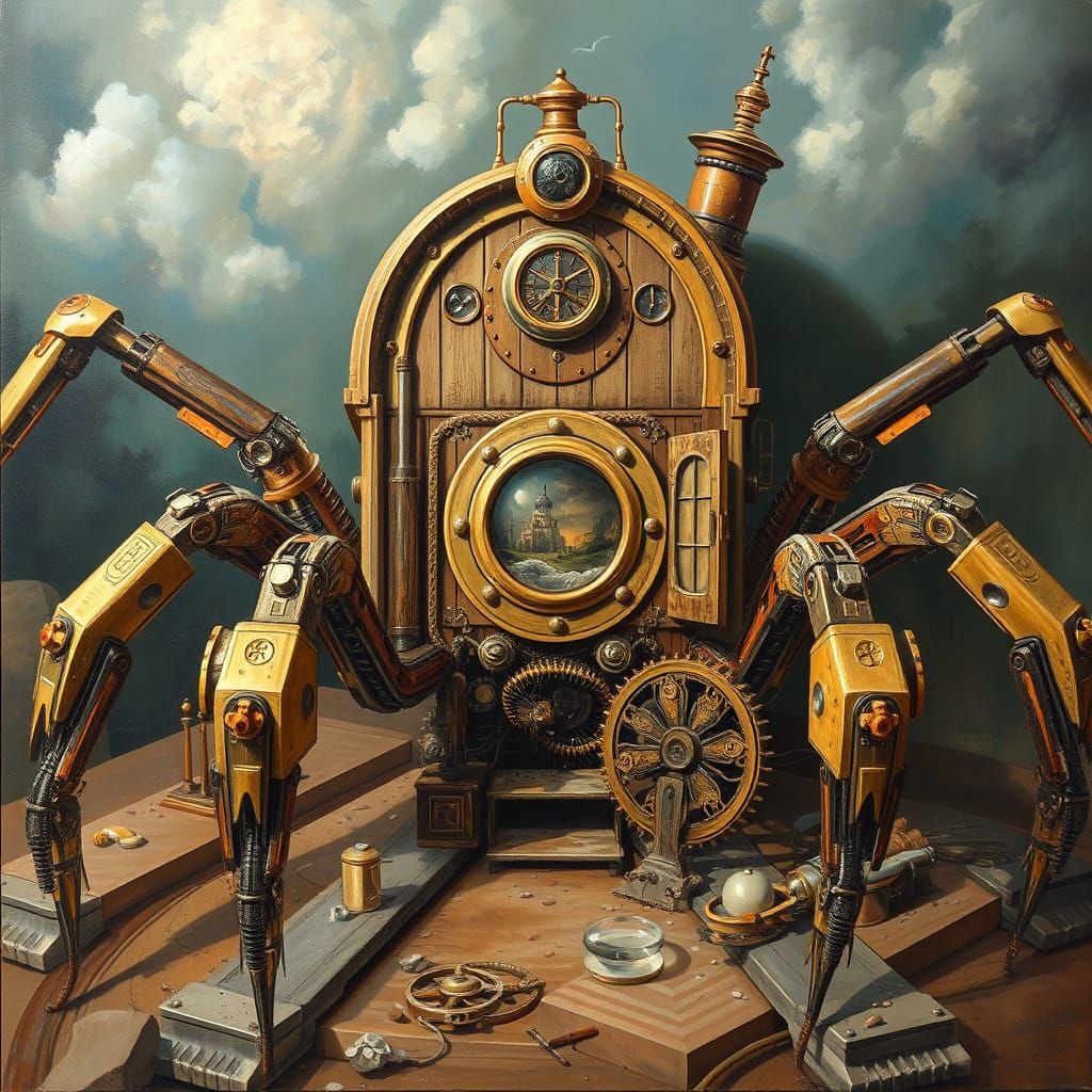Steampunk Masterpiece: Mechanized Spider in Elegant Cabin