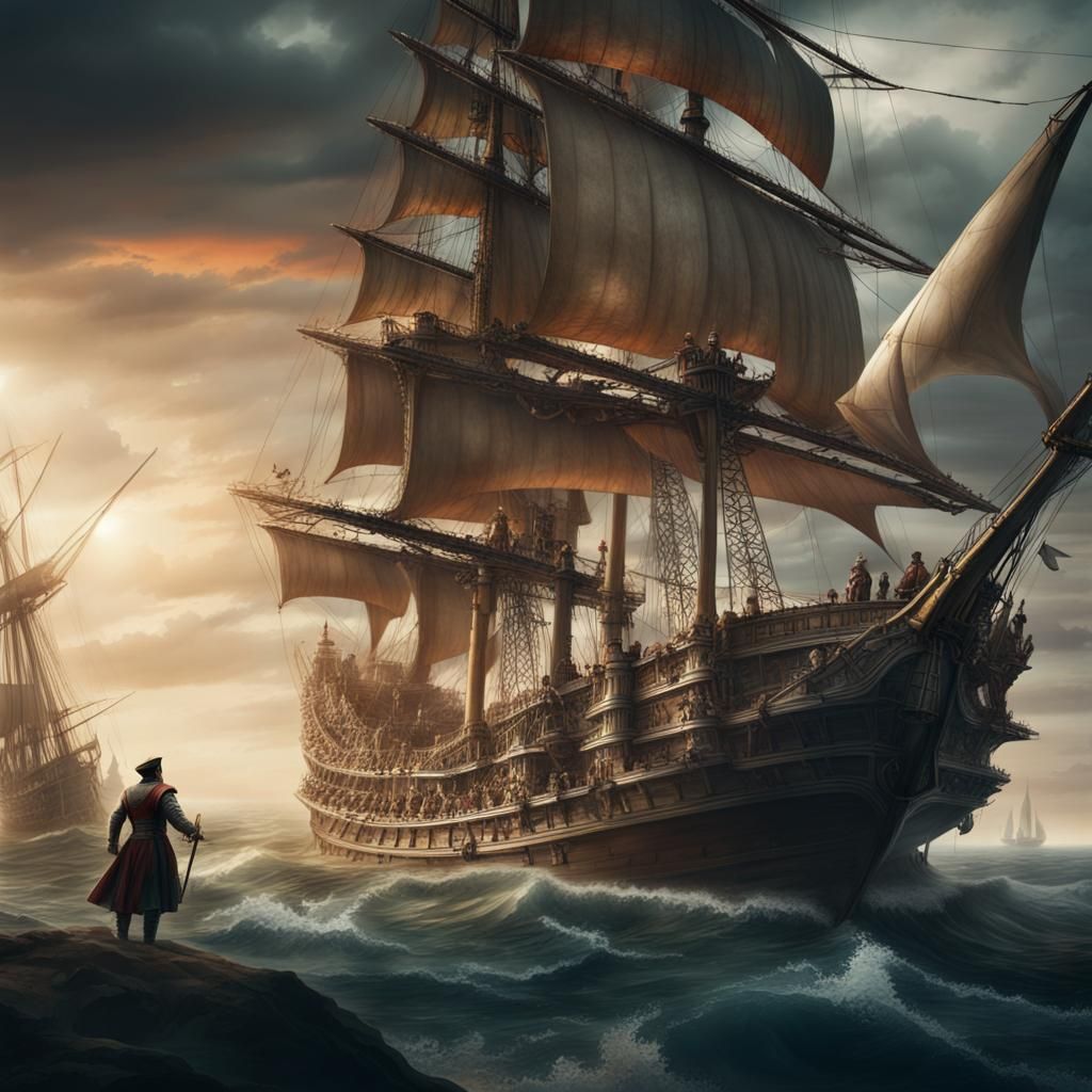 Conquistador captain looking at his ship