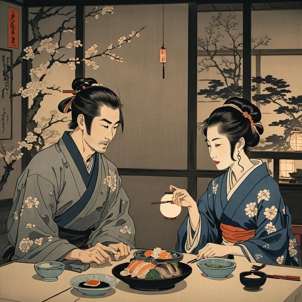 Romantic Dinner Scene in Ukiyo-e Style