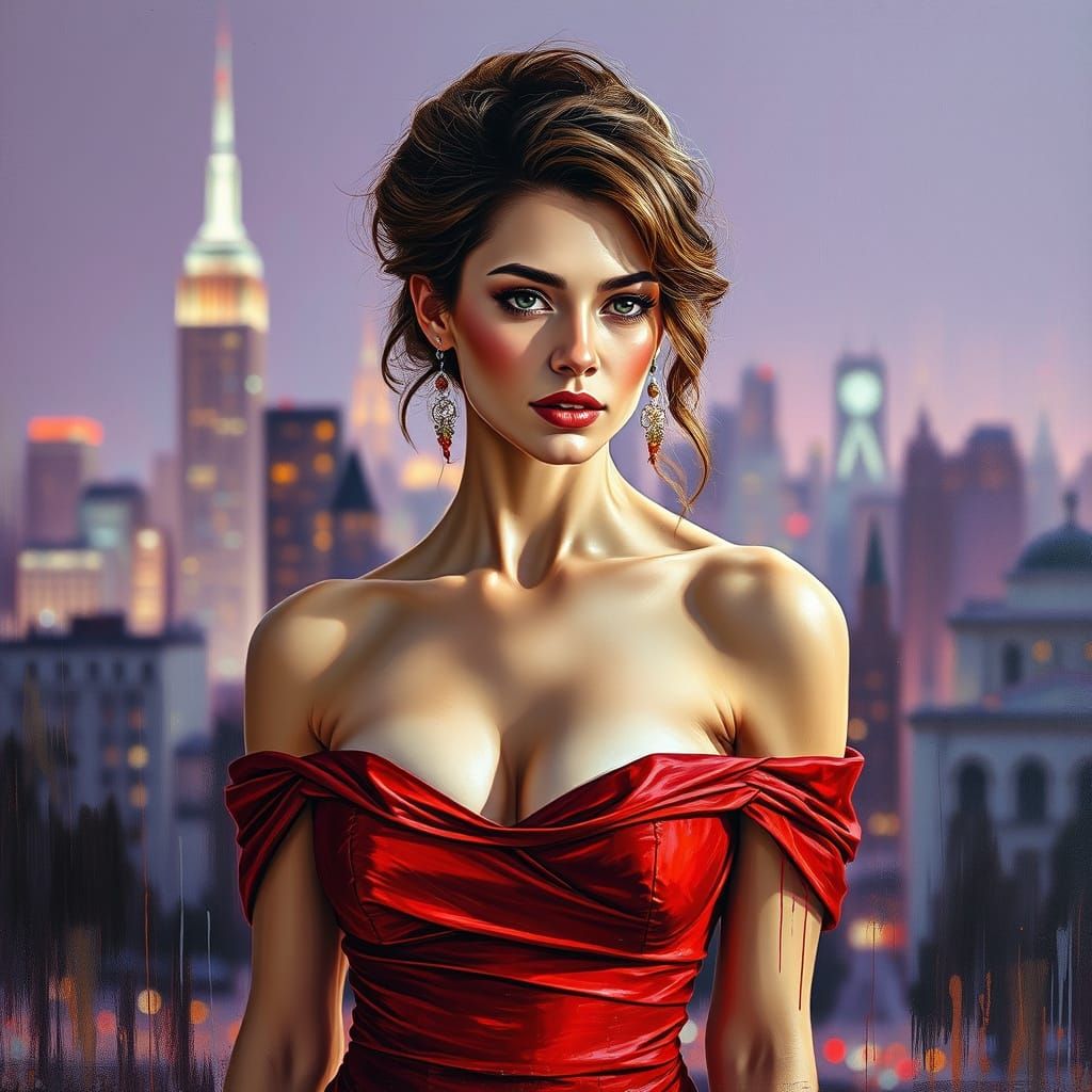 Woman in Red Evening Gown Amidst Urban Cityscape in Pastel H...