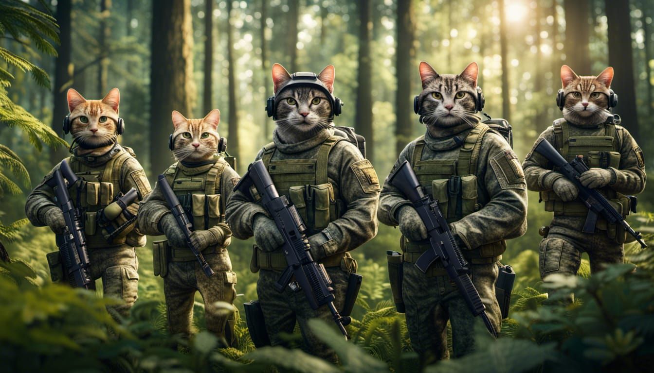 Hyperrealistic Cats in Military Gear in Forest