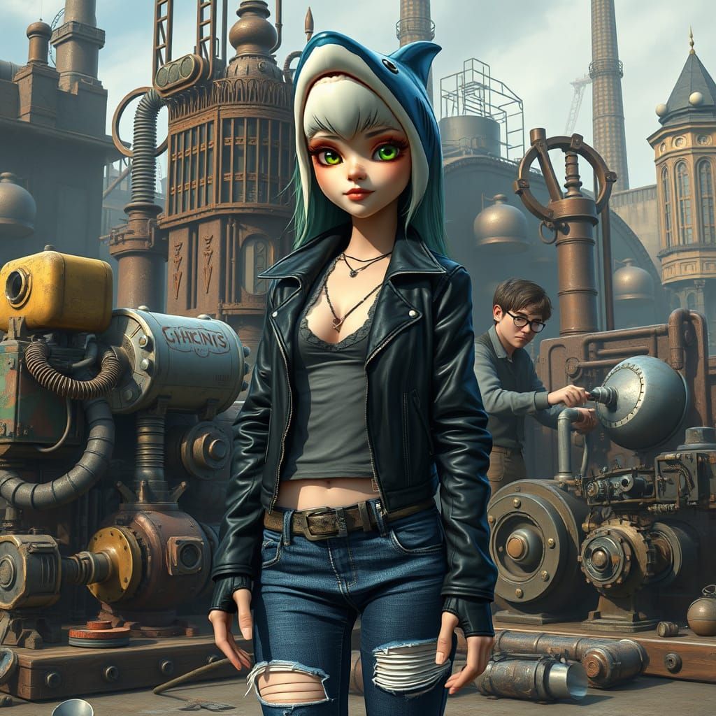 Futuristic Shark Girl Humanoid in Industrial Metropolis