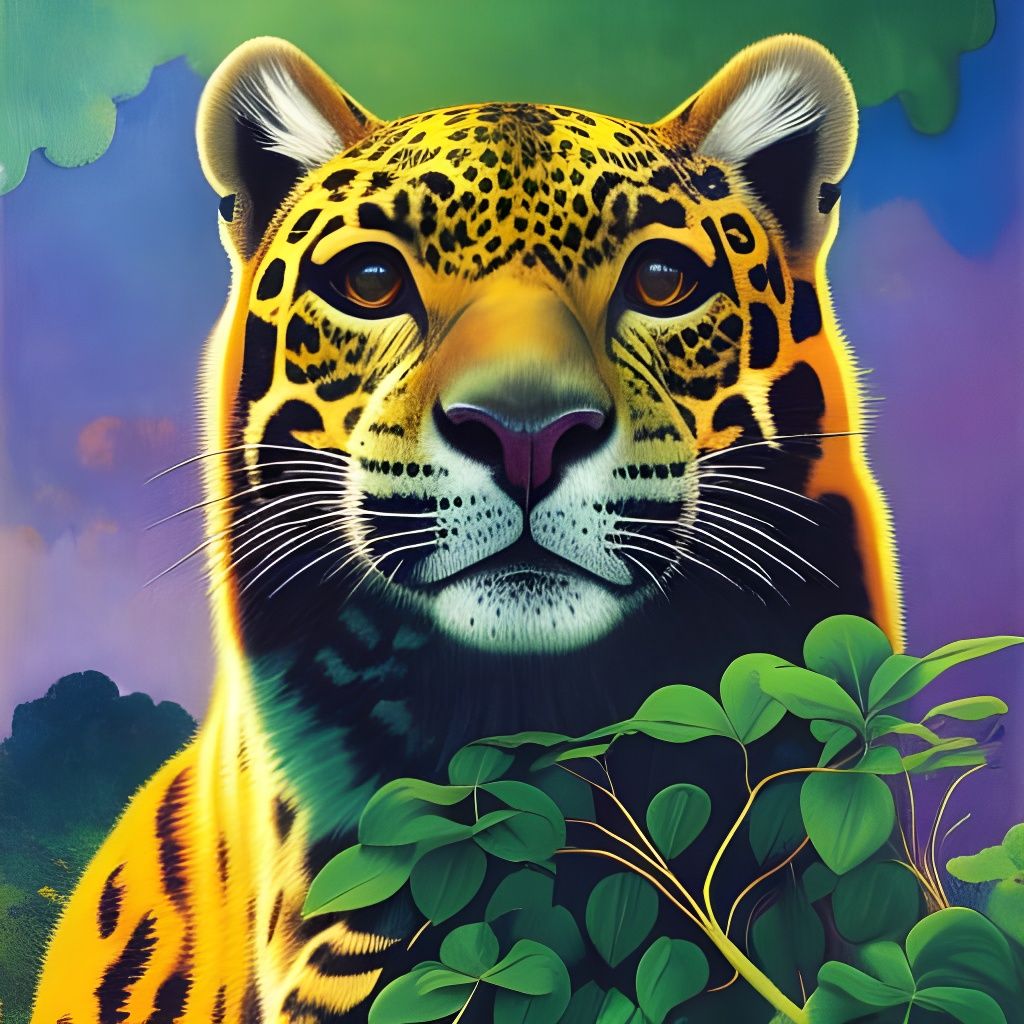 Enchanting Jaguar with Stylized Flora in Vibrant Colors