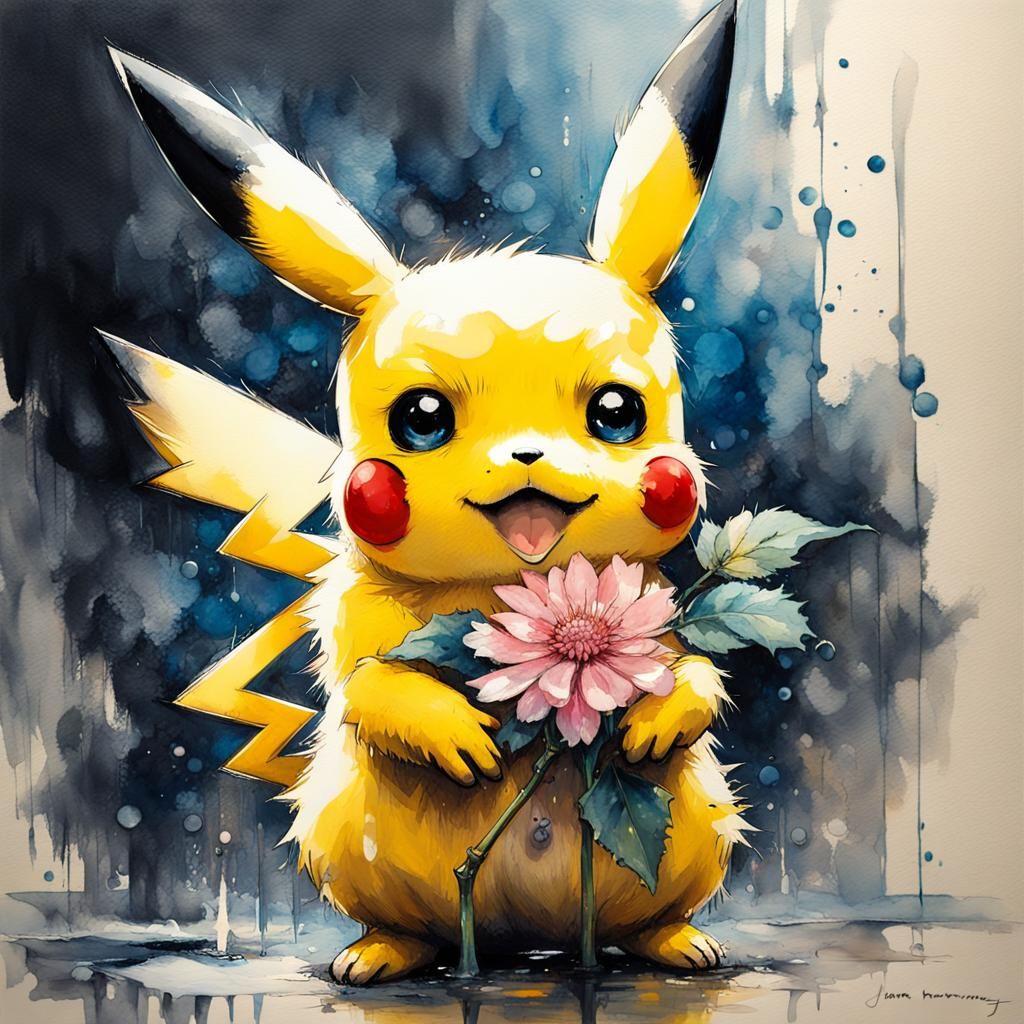 Fluffy Pikachu Portrait with Flower, Detailed Illustration