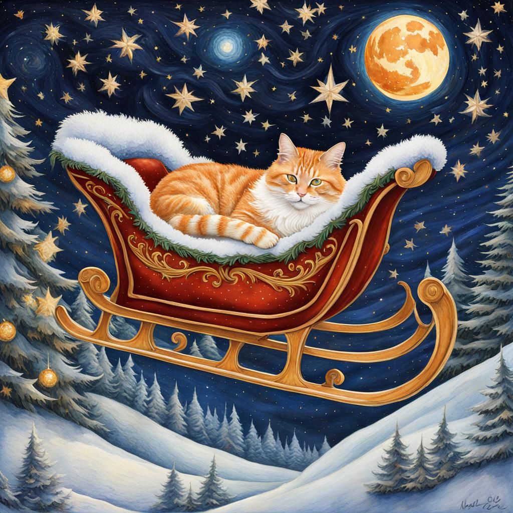 Orange Tabby Cat in Santa's Sleigh: Surreal Watercolor