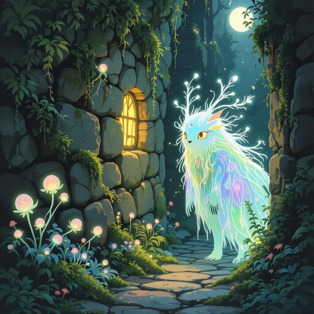 Ethereal Forest Creature in Moonlit Alleyway