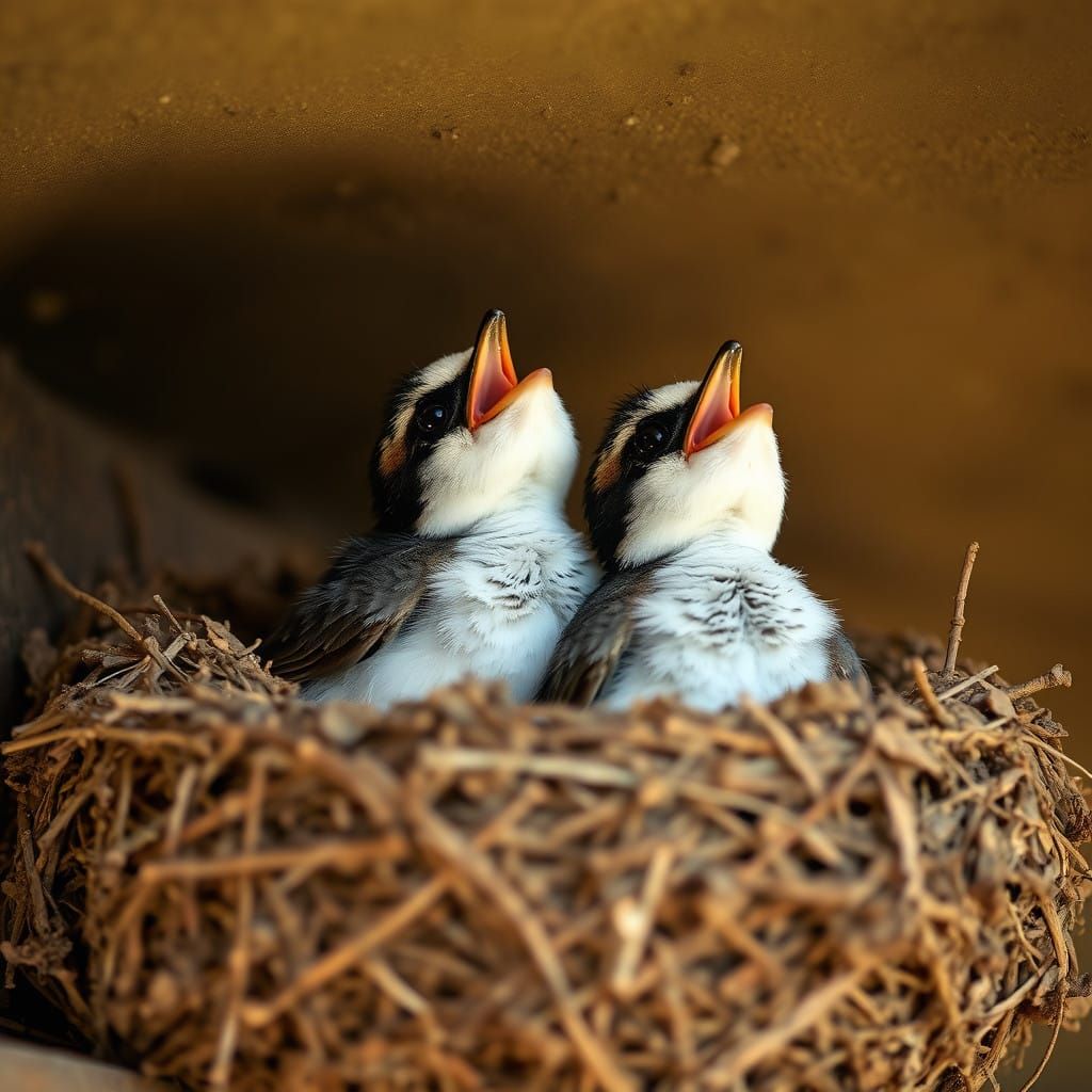 Barn Swallow Chicks in Nest, Eagerly Stretching in Morning L...