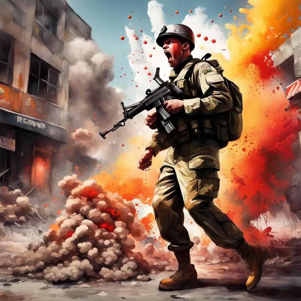 Determined Soldier Commands Amidst Explosions in Graffiti Ar...