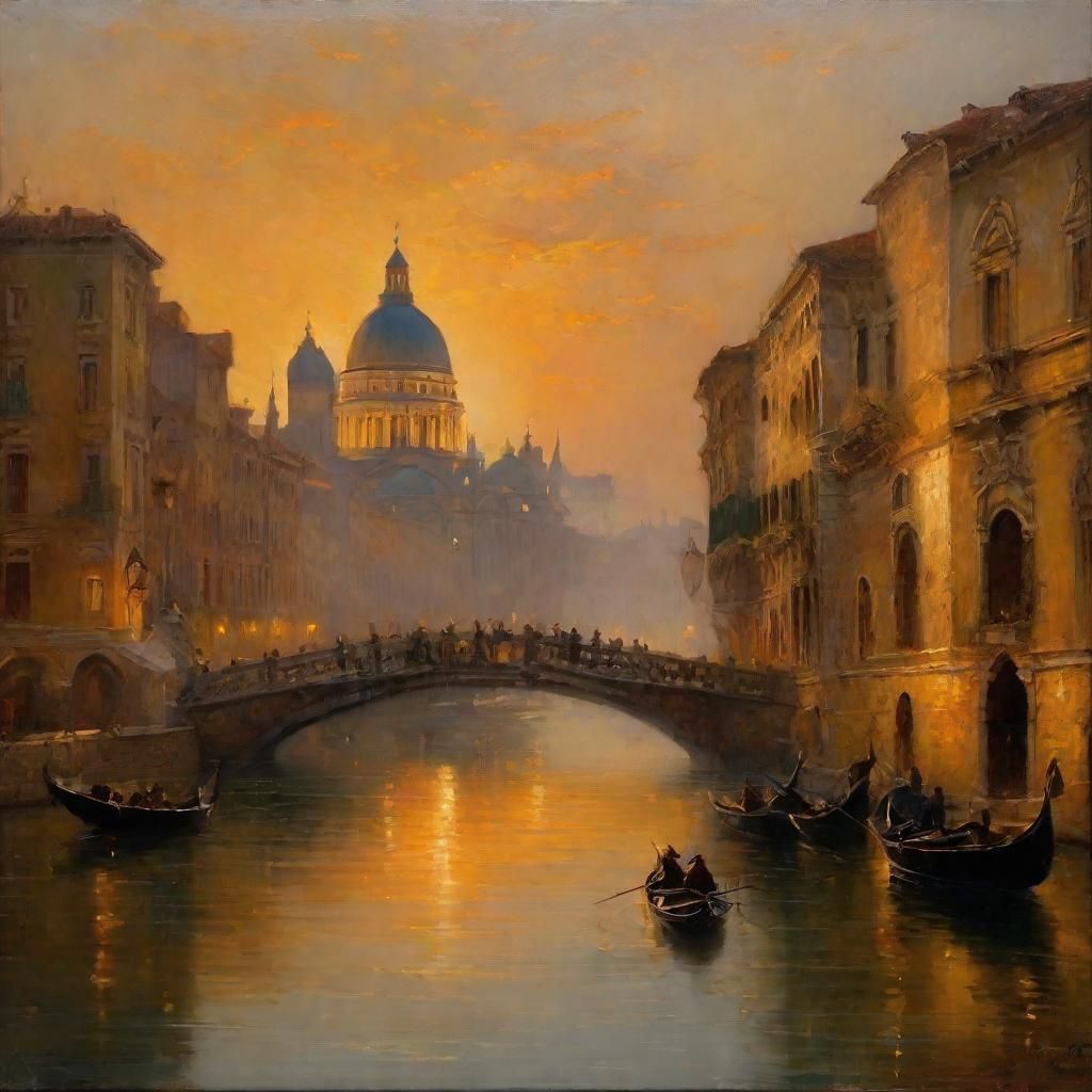 Venice Gondolas in Dawn Light as Oil Painting