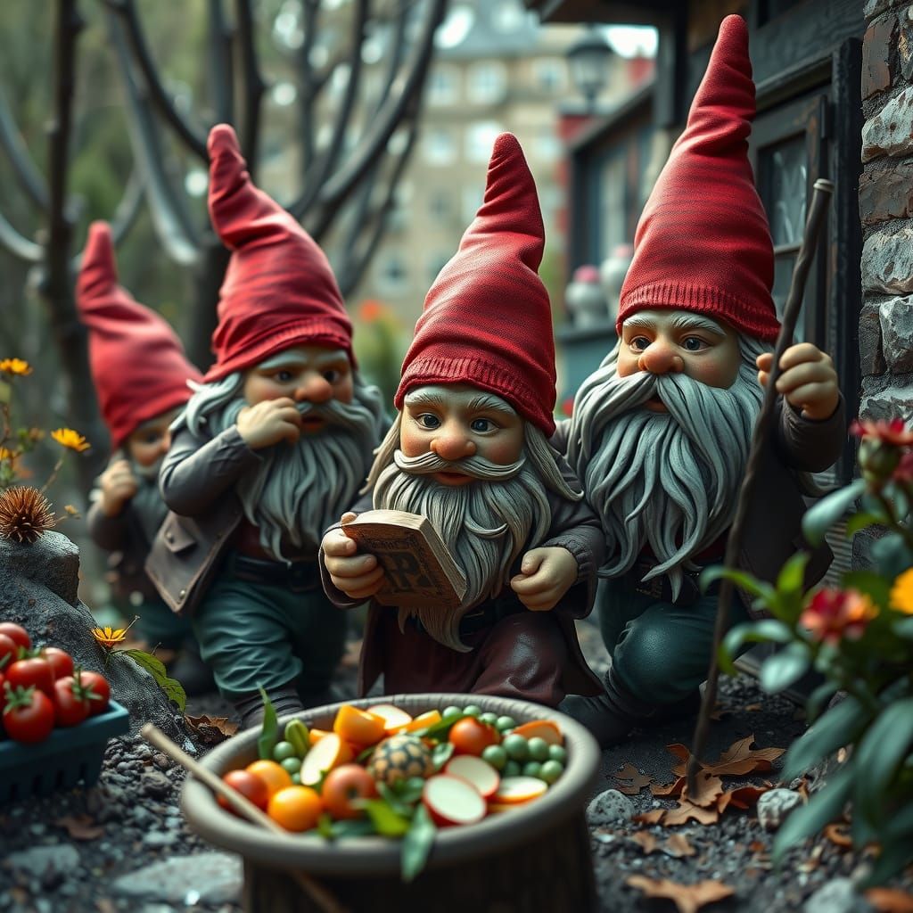 Gnomes' Expedition for Food: A Photorealistic Fantasy