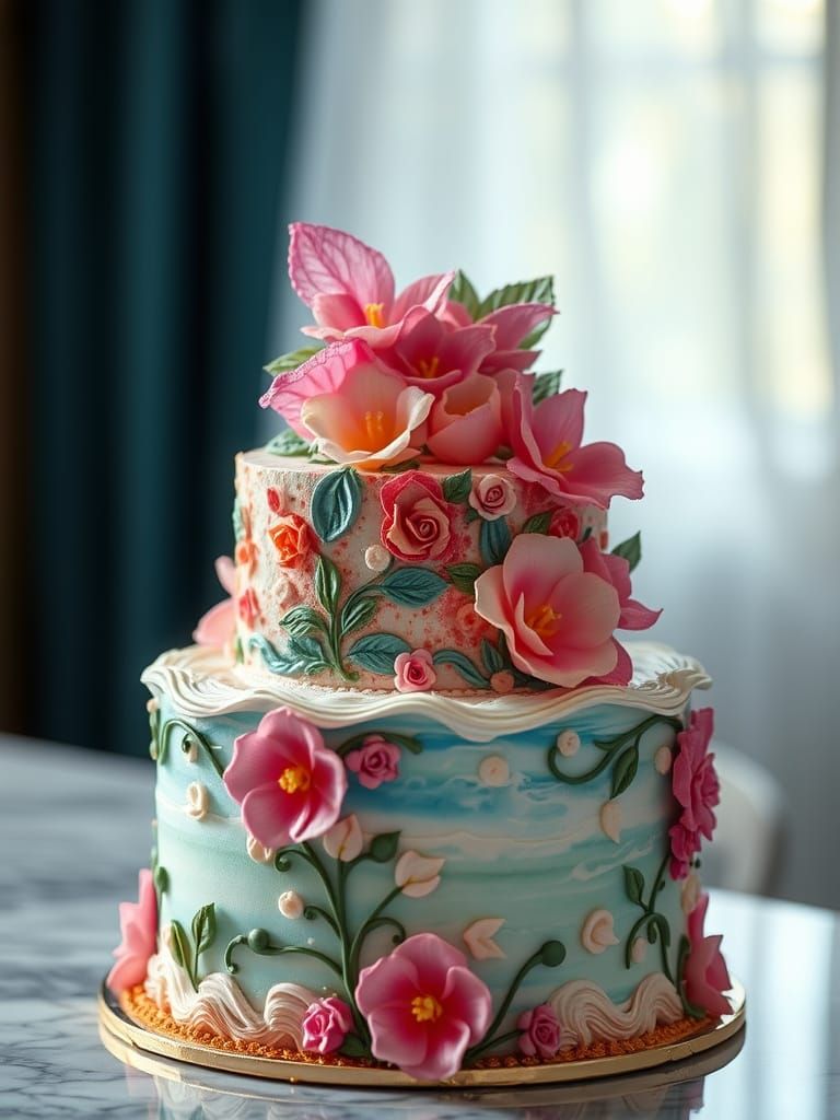 8K ultra-detailed professional food photography of a stunning Paradise cake. The cake is beautifully decorated with intr...