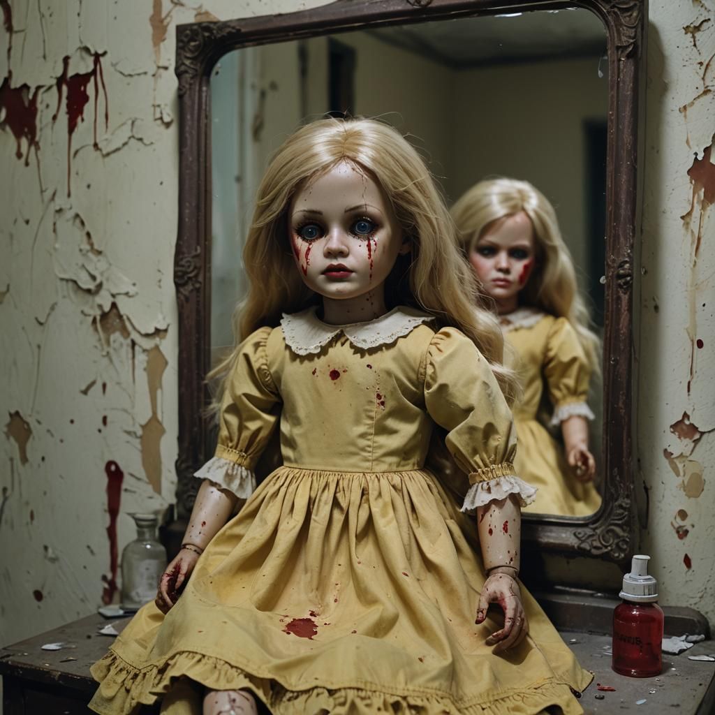 Abandoned Doll in Creepy Nightstand Reflection