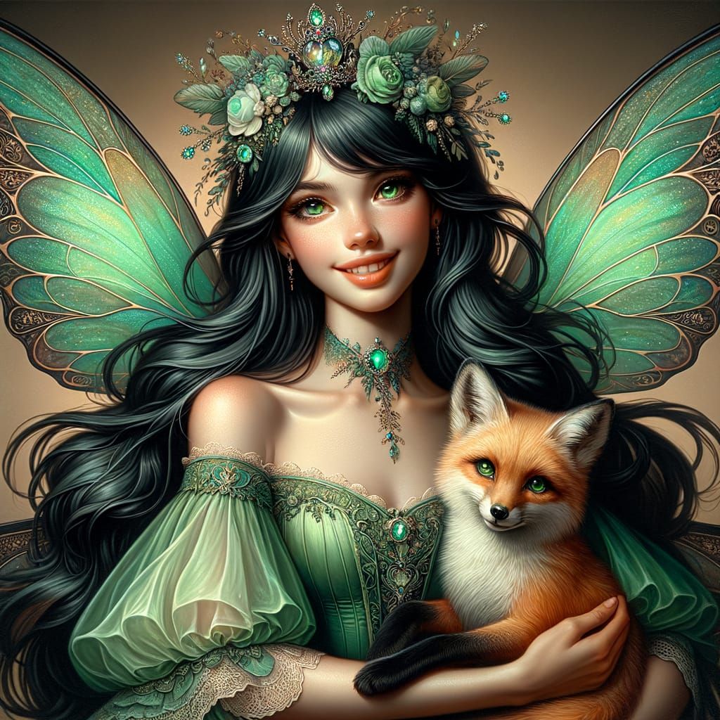 Enchanting Fairy Queen Radiates Joy with Fox Companion