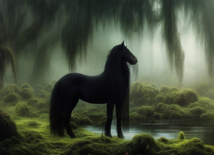 Wild Black Water Horse in Art Nouveau Style