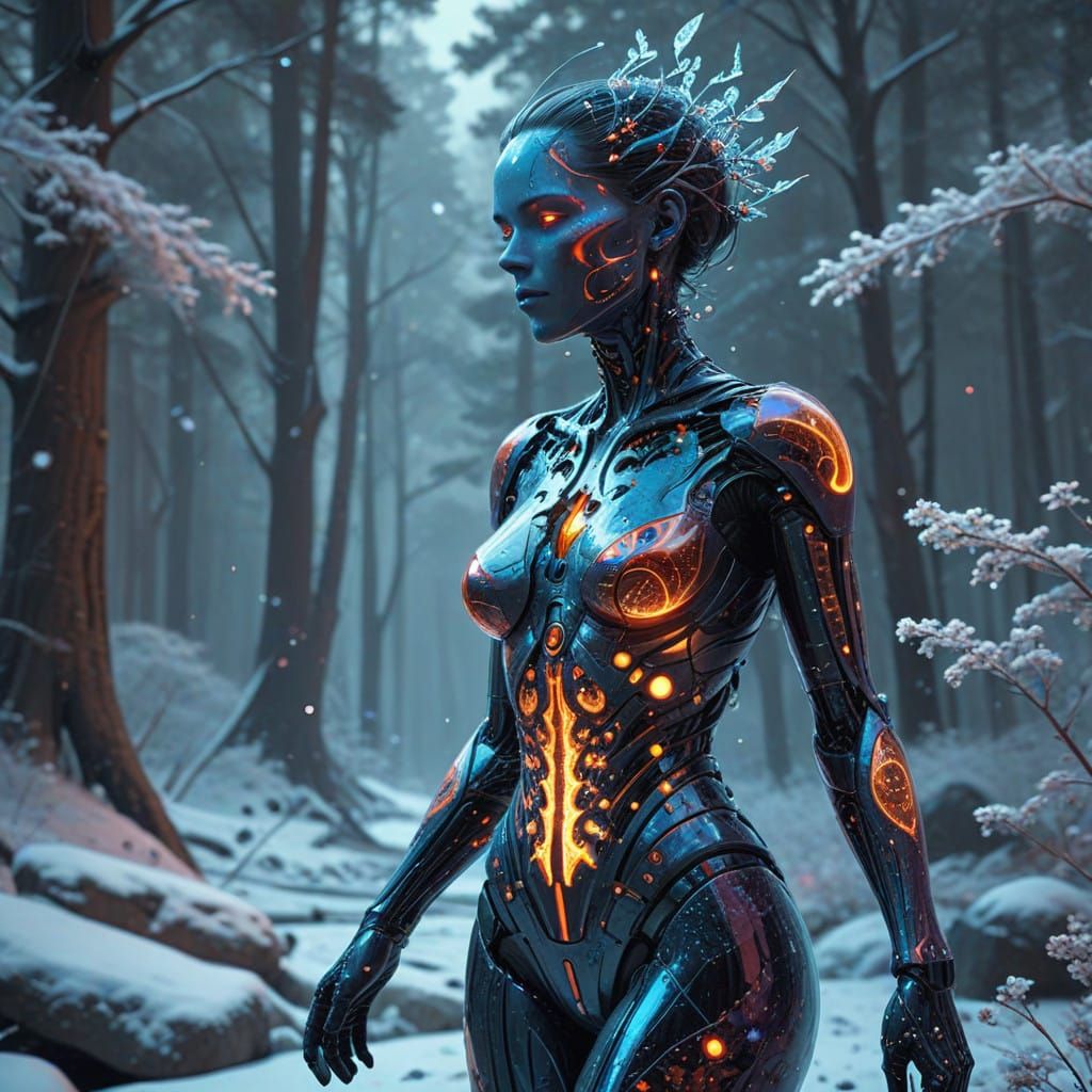 Serene Woman in Fractal Winter Wonderland