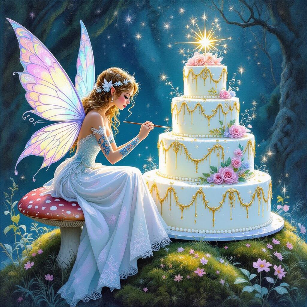 Fairy Painting Alien Tattoos on Cake, in Art Nouveau Style