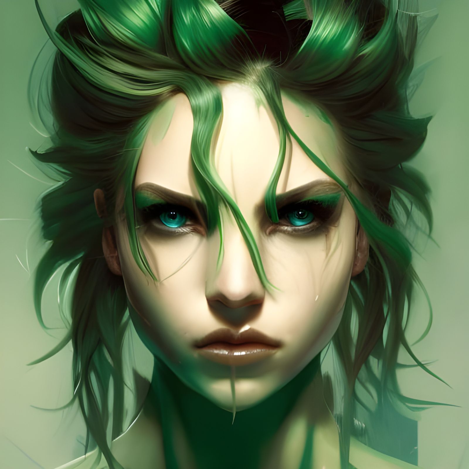 Green Haired Woman Portrait in Art Nouveau Style