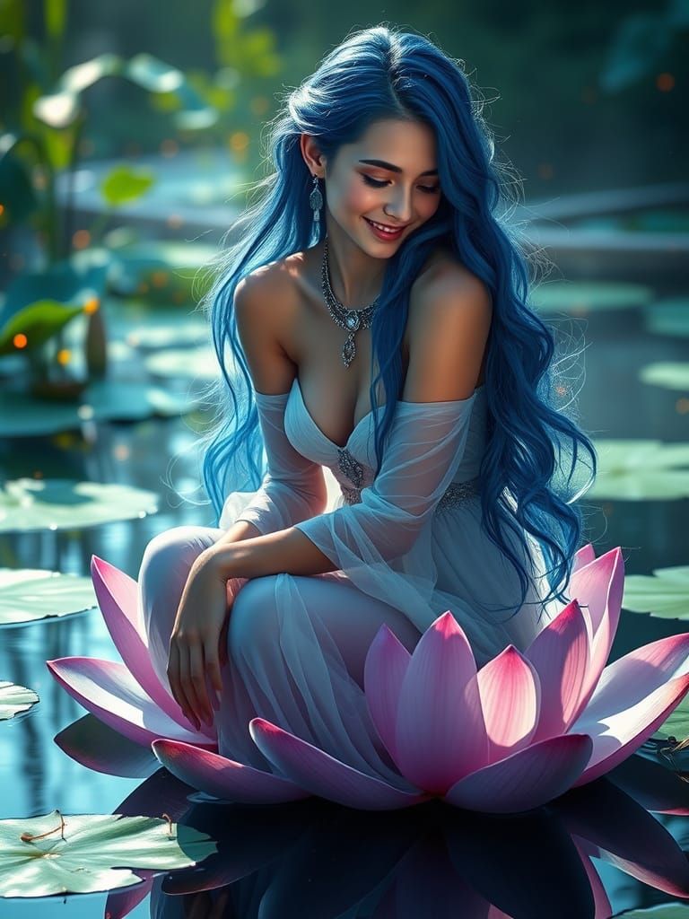 Slender Goddess on a Lotus Flower in a Dreamlike Landscape