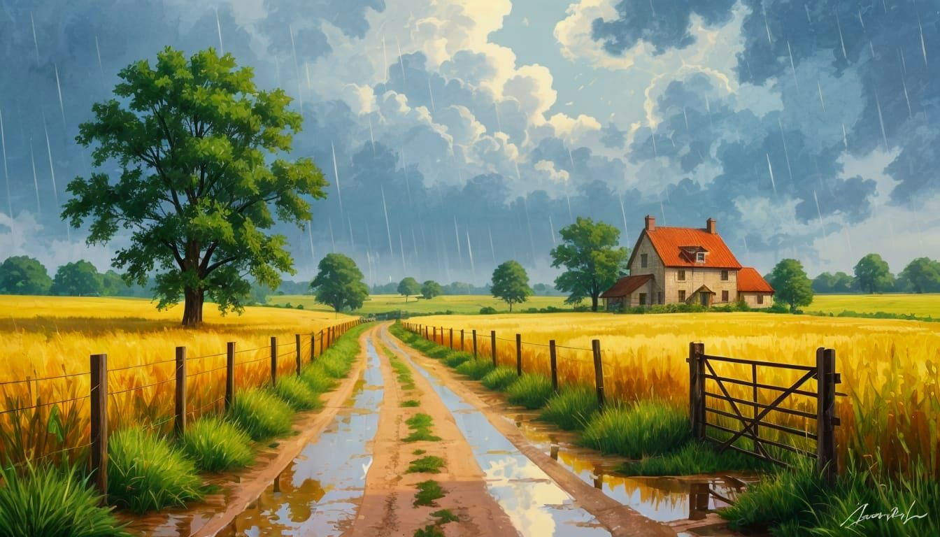 Rainy Countryside: Digital Painting with Vibrant Colors