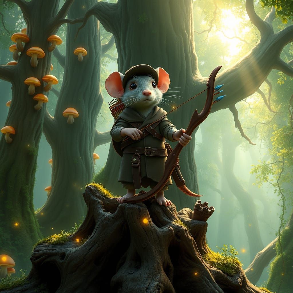 Fantastical Mouse Archer in a Mystical Forest, in a Detailed...