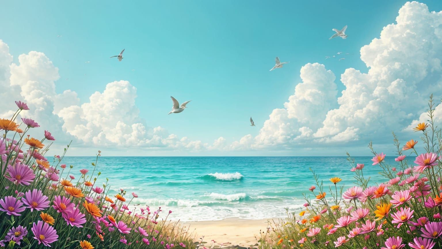 Scenic Seascape with Flowers and Birds