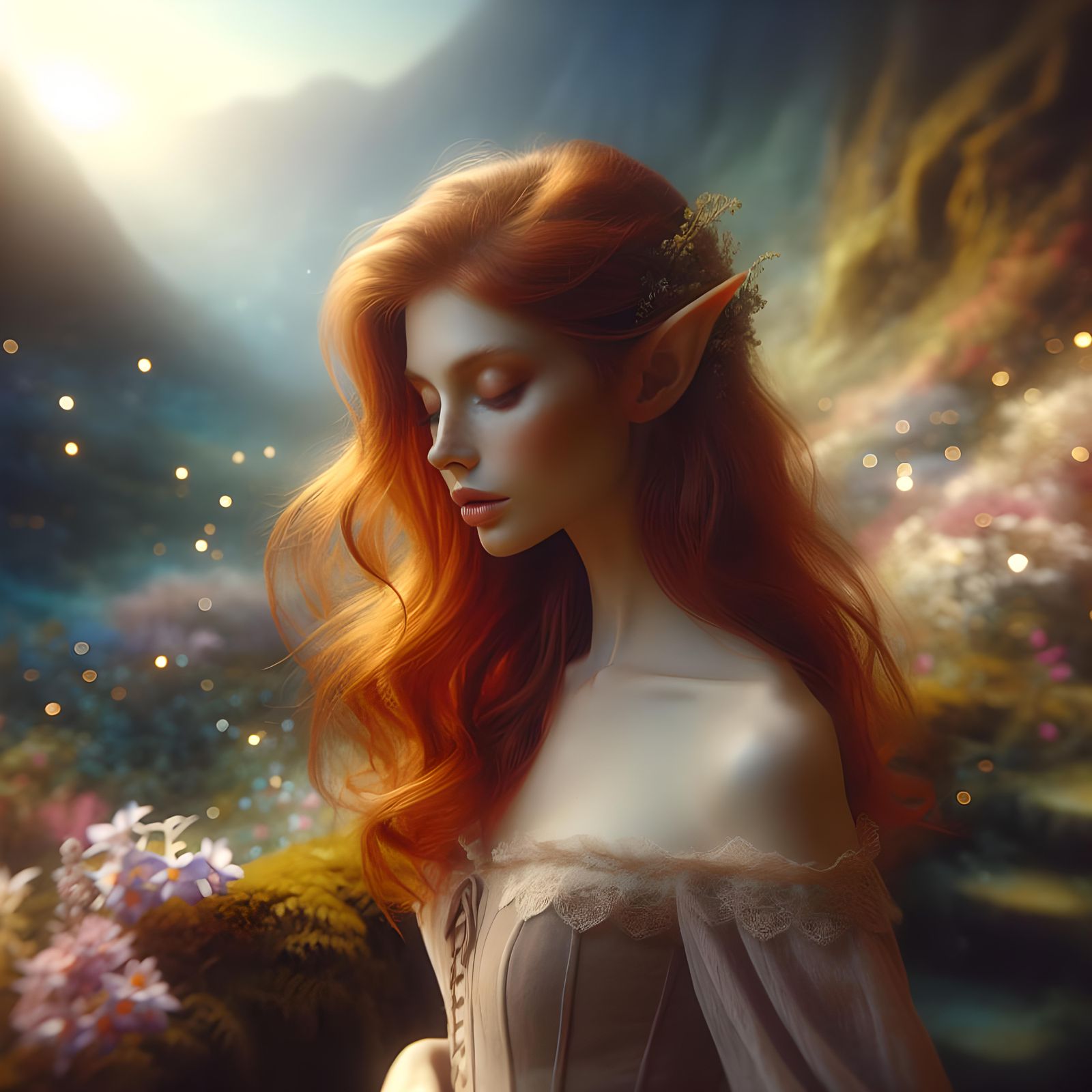 Ethereal Elf Stroll Through Pastel Flower Field