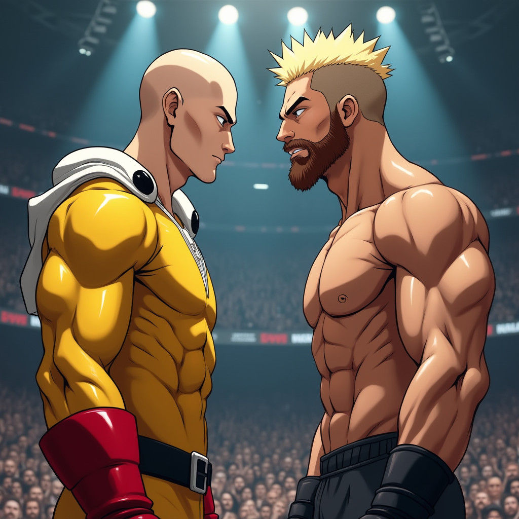 Intense Stare-Down: Superhero vs. Athlete in Arena