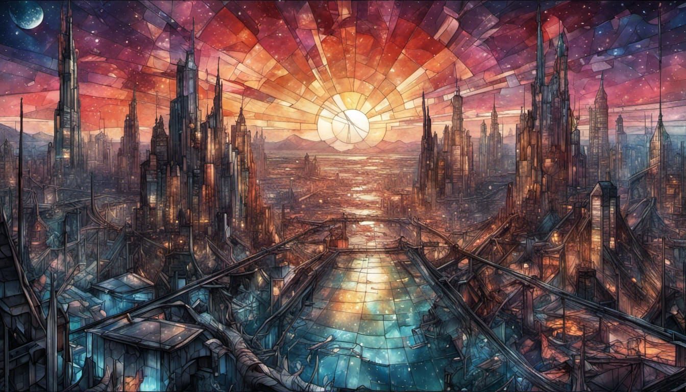 Futuristic Alien City Skyline in Stained Glass Style