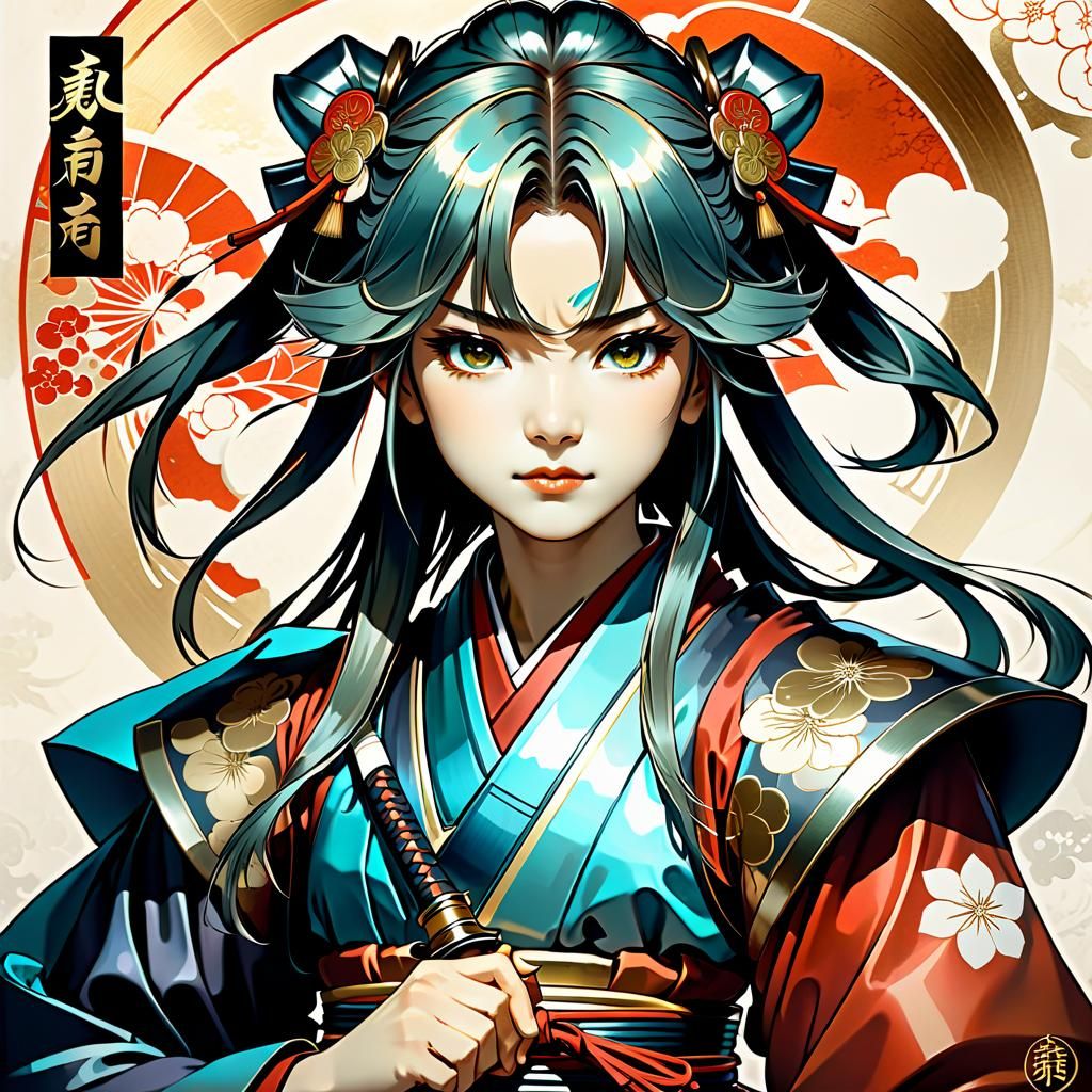 Anime Samurai Lady Portrait in Art Nouveau Style
