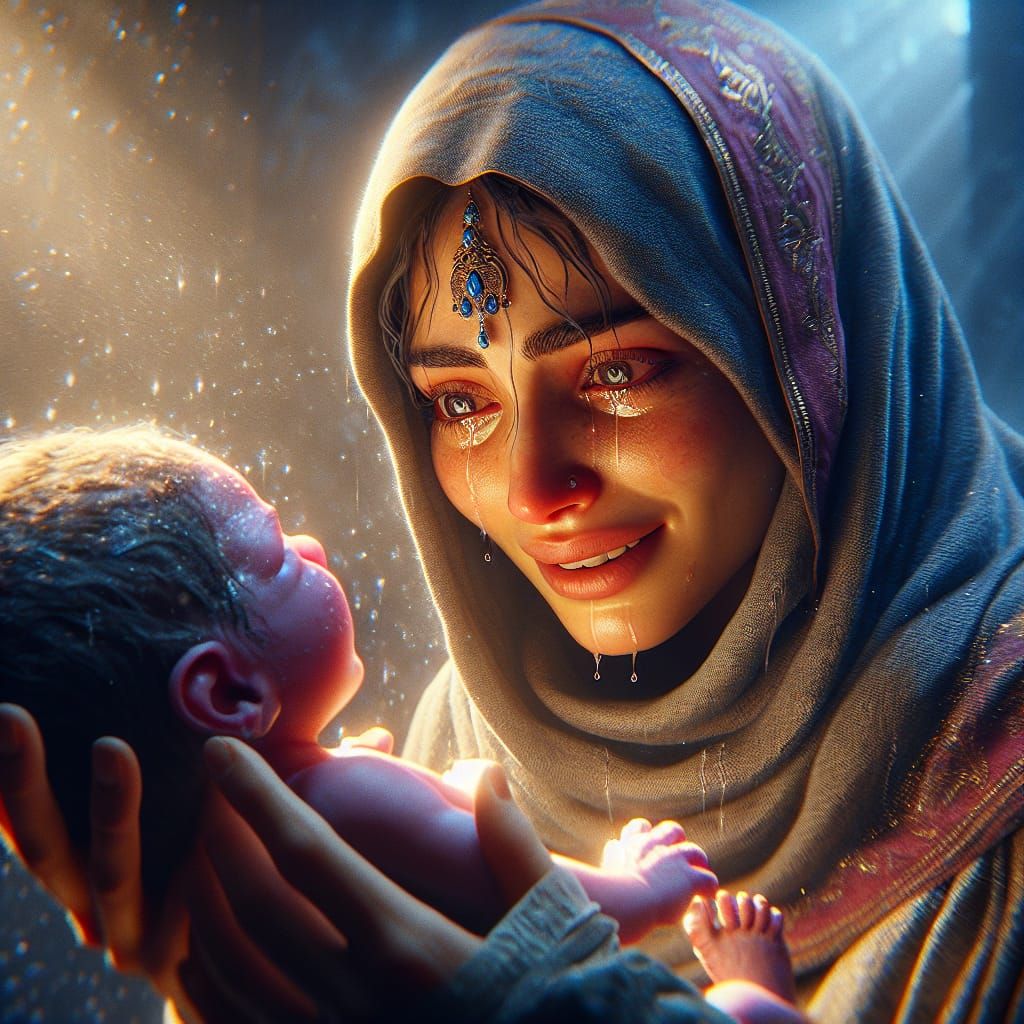 Mother's Joyful Embrace of Newborn Baby in Matte Painting St...