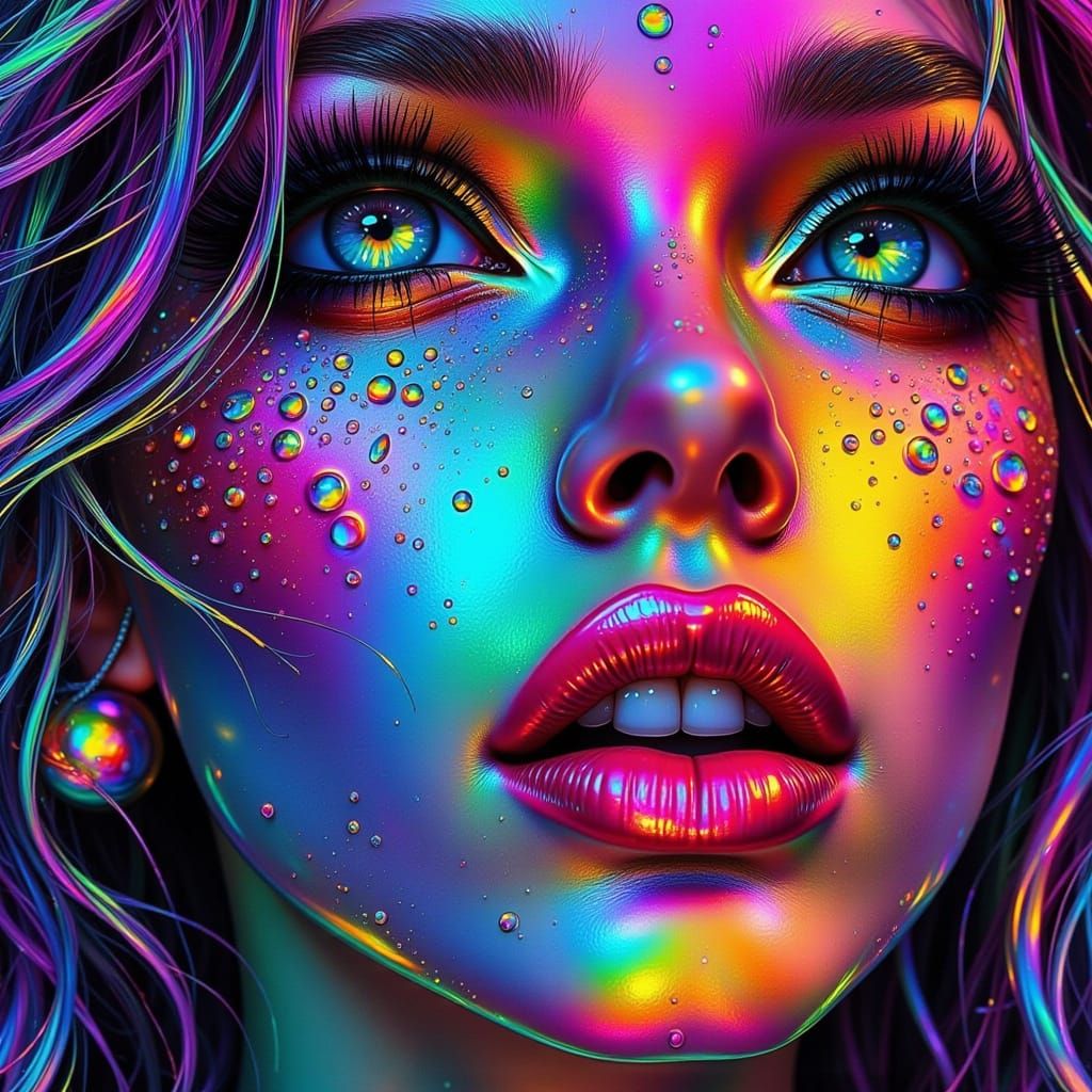 Surreal Cyberpunk Goddess with Iridescent Metallic Hues