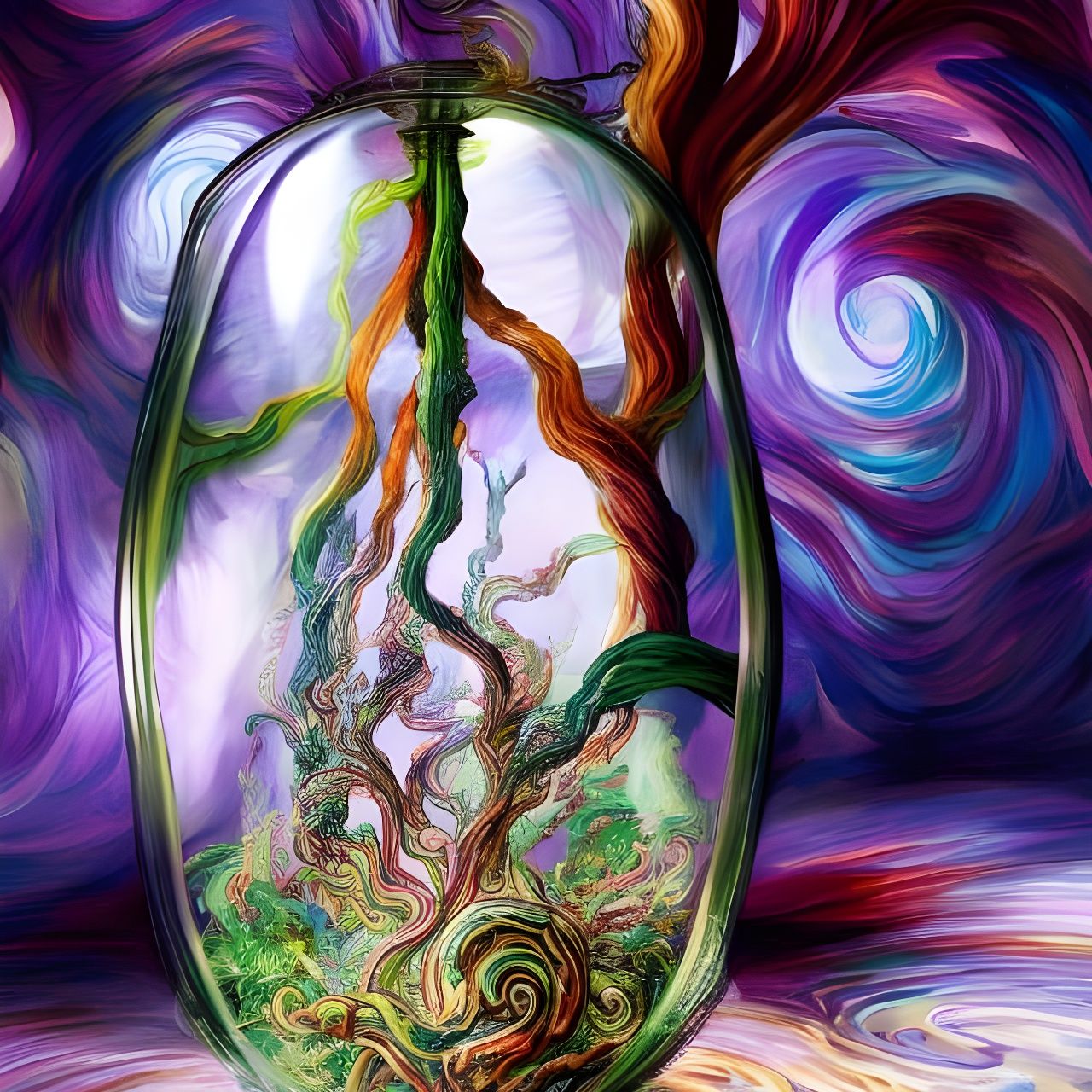 Swirling Tree in Terrarium: Maximalist Concept Art