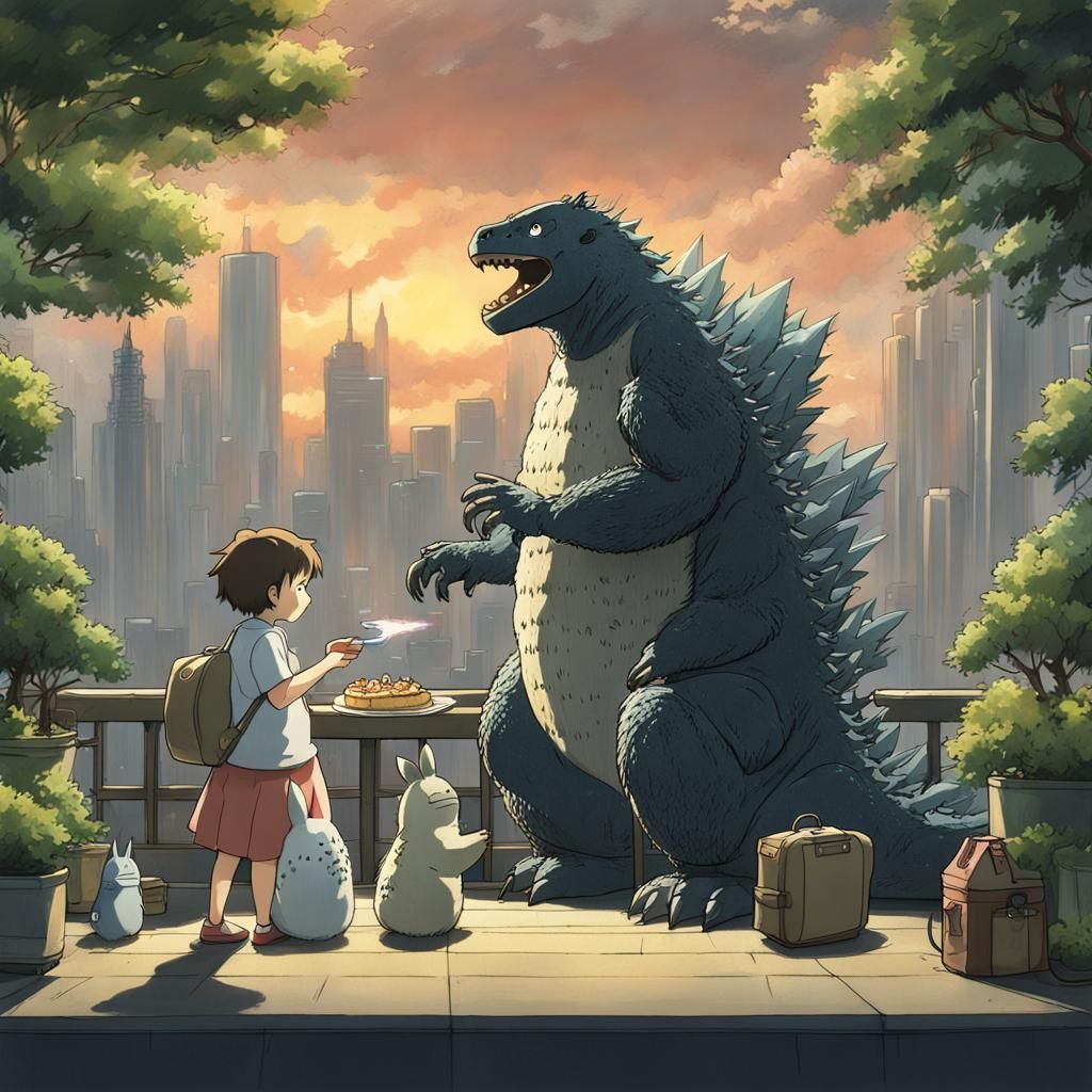 Godzilla and Totoro's Joint Birthday in Anime Style