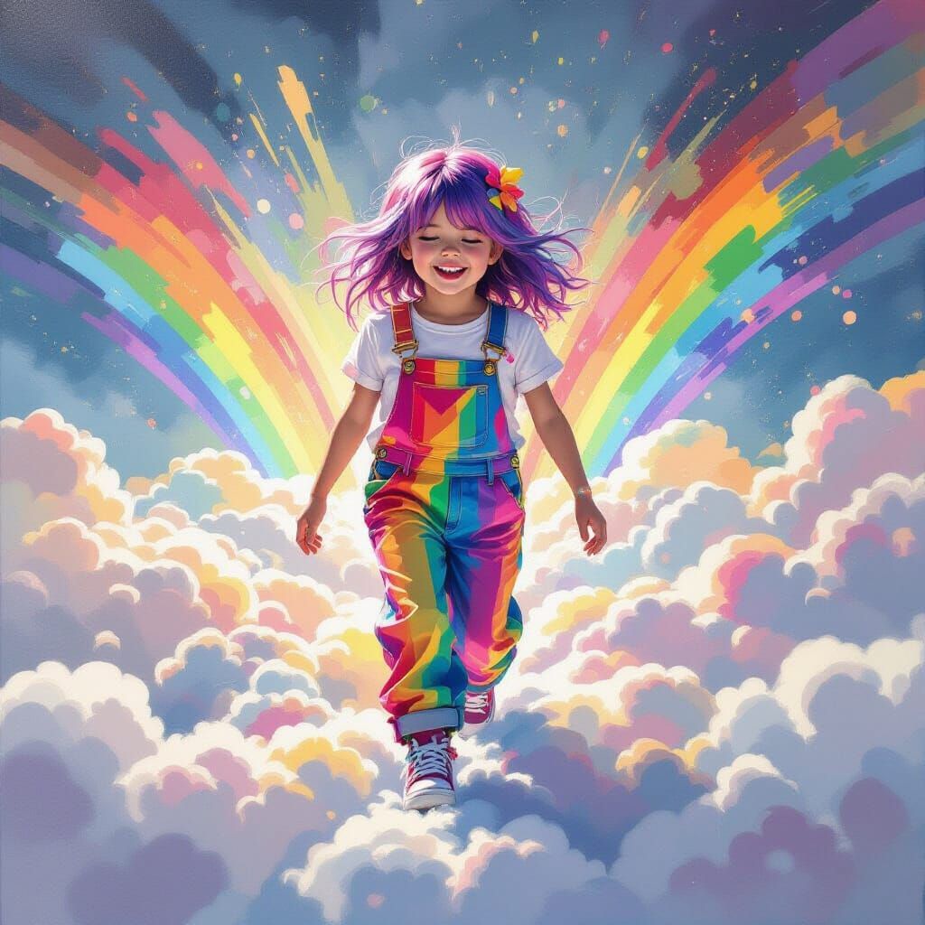 Girl on Rainbow Cloud in Graffiti Art Style