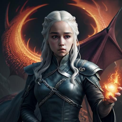 Daenerys Targaryen with Dragons: Hyperrealistic Dark Fantasy