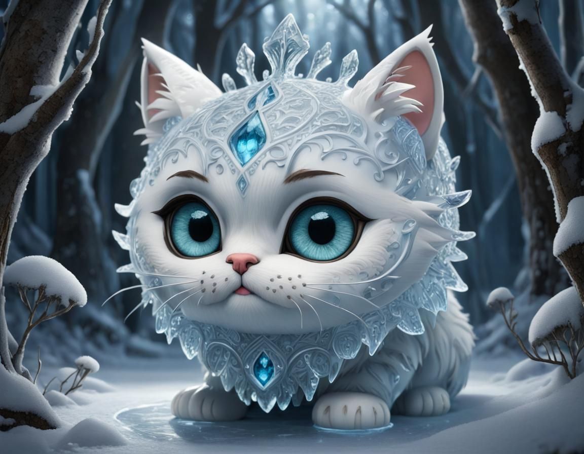 Enchanted Ice Cat in Frozen Forest: Digital Art