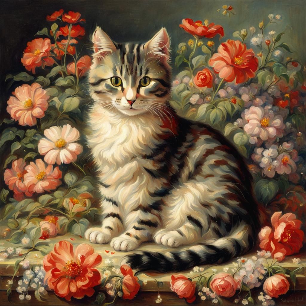 Cute Cat Surrounded by Flowers in Decorative Style