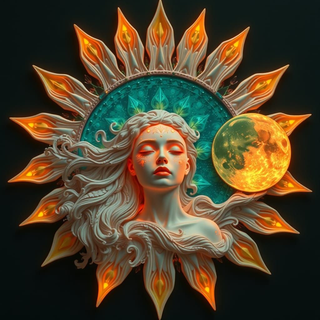 Celestial Woman in Surreal Sun and Moon Fairytale