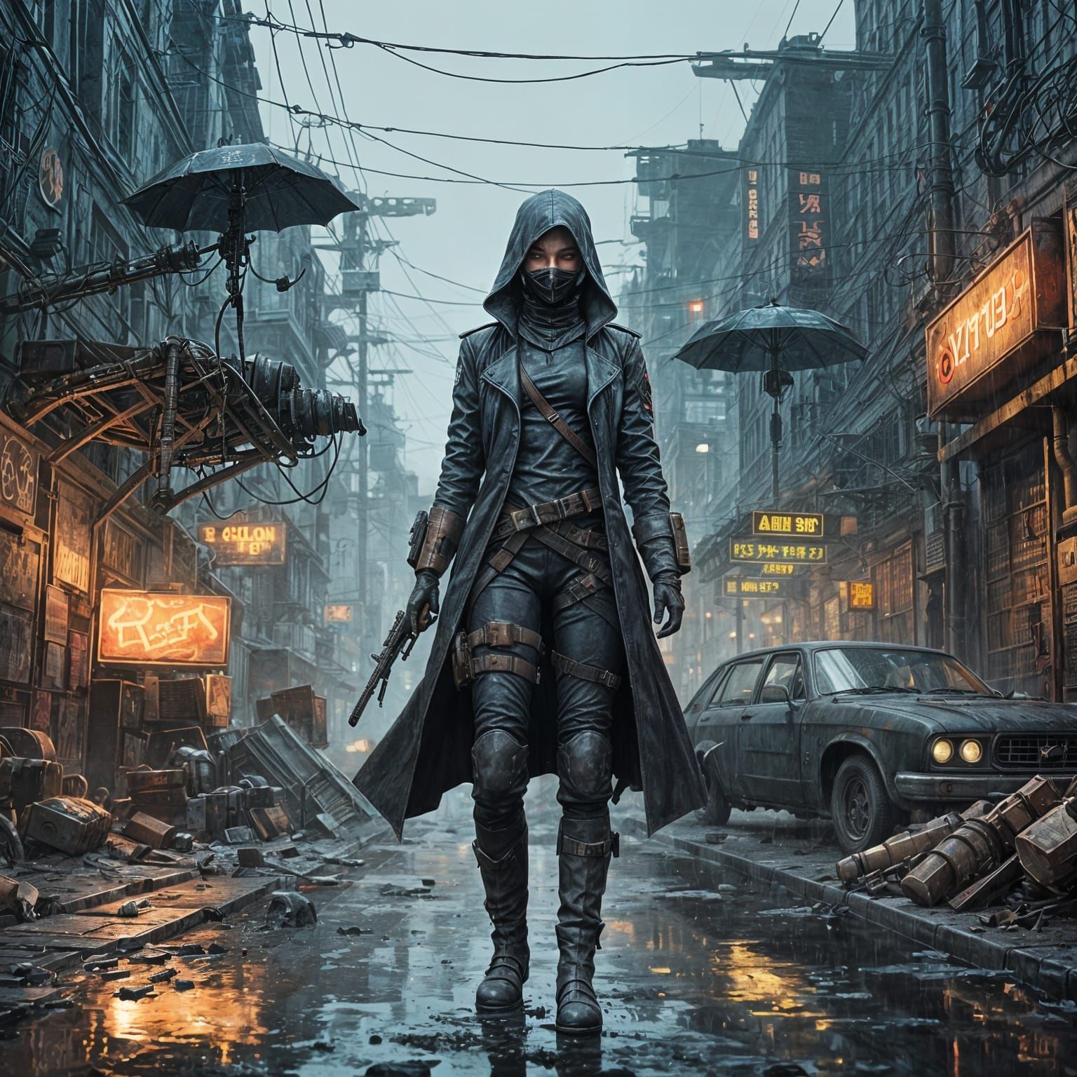 Steampunk Shadow Assassin in Rain-Slicked Alleyway